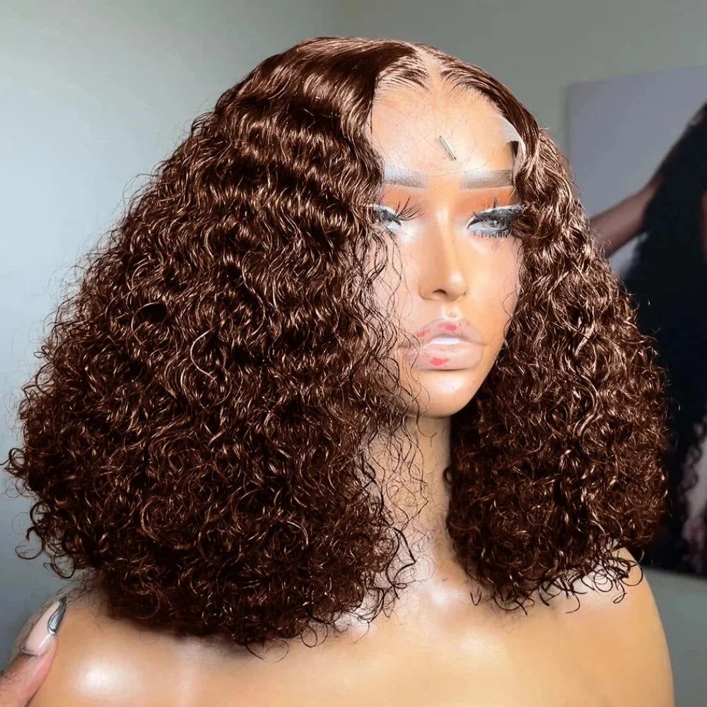 Chocolate #4 PrePlucked Kinky Deep Water Wave Brazilian Bob 13x4 Lace