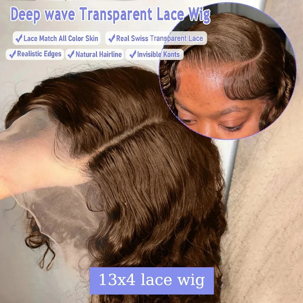 Chocolate #4 PrePlucked Kinky Deep Water Wave Brazilian Bob 13x4 Lace