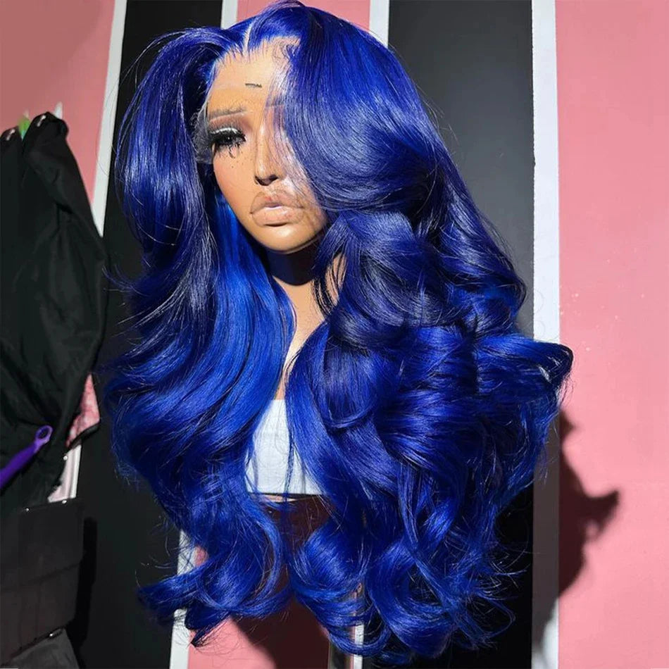 Dark Blue 13x4 HD Lace Front       Pre Plucked Blue Body Wave Transparent Lace