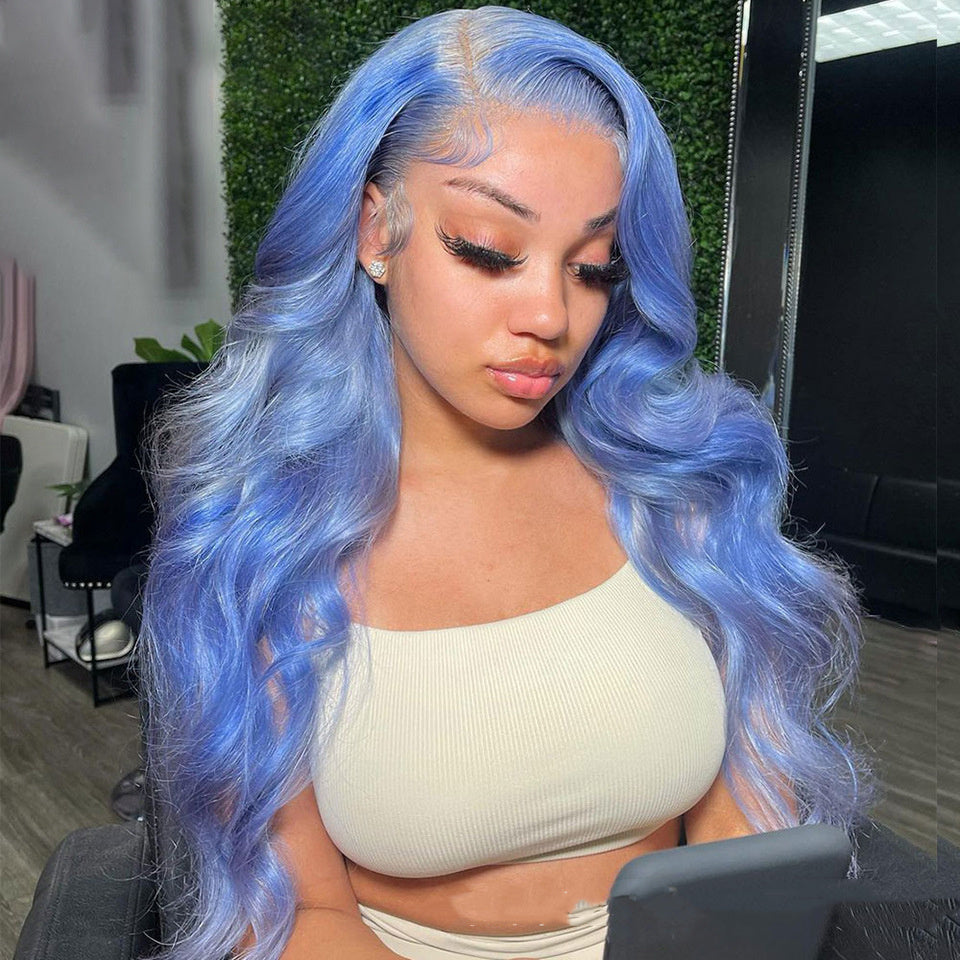 Light Blue Body Wave Human Hair Lace Front Wig.